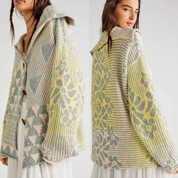 Free People Tate Knit Cardi Cardigan Sweater XL Sage Sunshine Combo $168 Slouchy - Picture 2 of 16